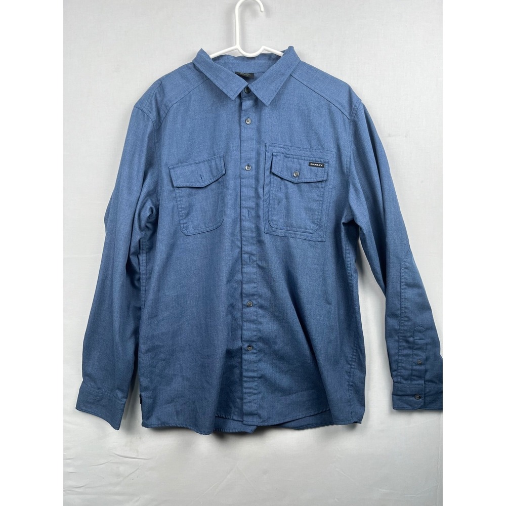 Oakley Mens Blue Long Sleeve Button Down Utility Shirt Size XL Pockets 100% Poly